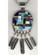 Large Signed Turquoise, Coral, Lab Opal Inlay Pendant with Feather Dangles - $190.00