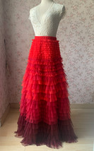 Red Tiered Maxi Skirt Outfit High Waisted Plus Size Tiered Long Tulle Skirts  image 2