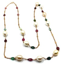 18K ROSE GOLD LONG NECKLACE ROLO CHAIN, BIG 12mm PEARLS &amp; TOURMALINE DRO... - $1,925.00