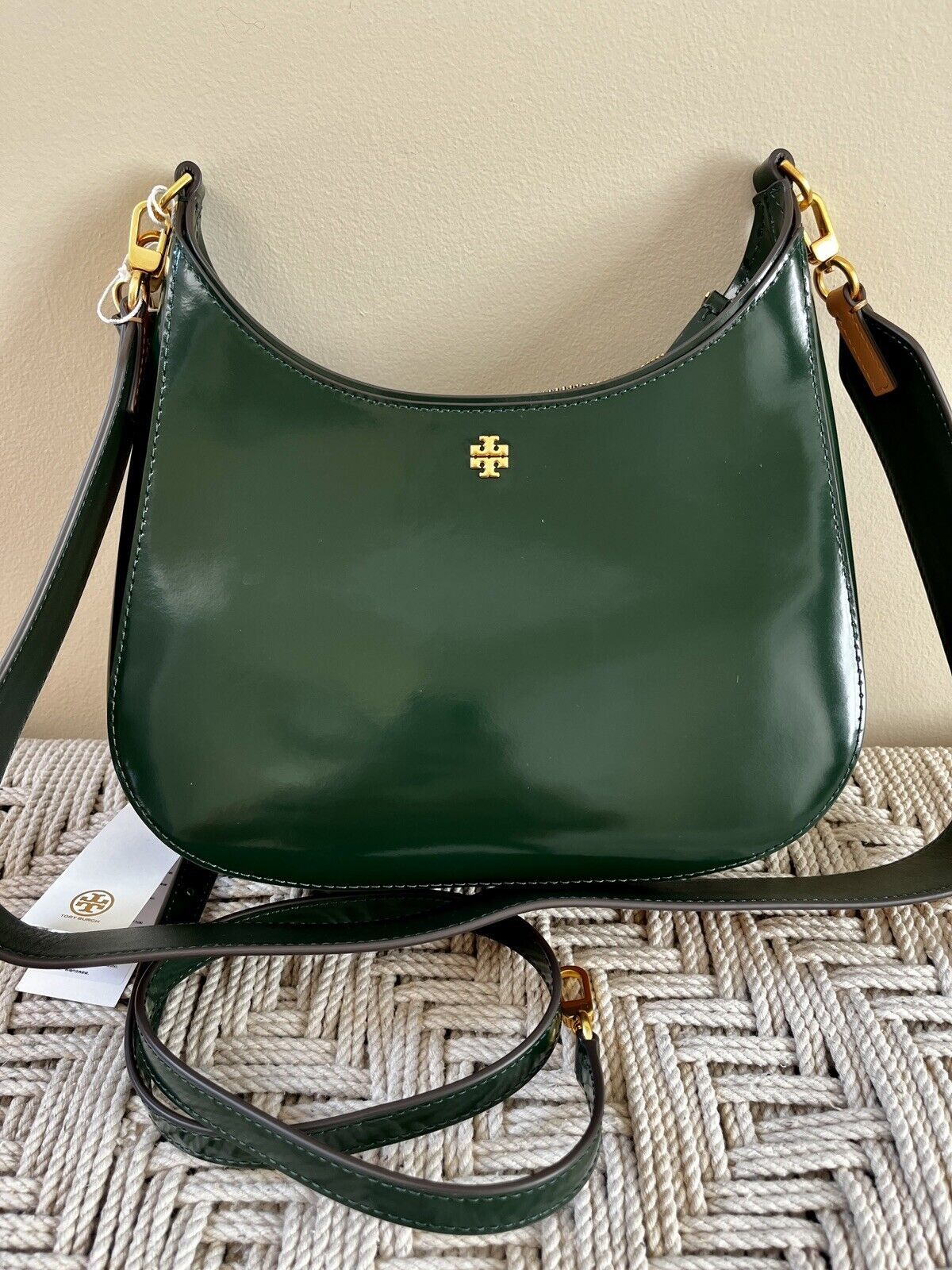 Tory Burch Handbag Emerson Swingpack Patent Pine Green Leather Bag Purse Nwt New