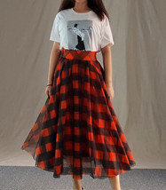 Womens Red Plaid Skirt Long Tulle Plaid Skirt - Red Check,High Waist, Plus Size