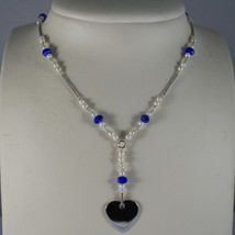 .925 RHODIUM NECKLACE WITH BLUETTE CRYSTALS, WHITE PEARLS AND HEART - $81.00