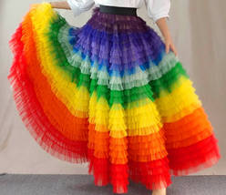 Women Rainbow Tulle Skirt Maxi Colorful Tutu Skirt Rainbow Plus Size High Waist