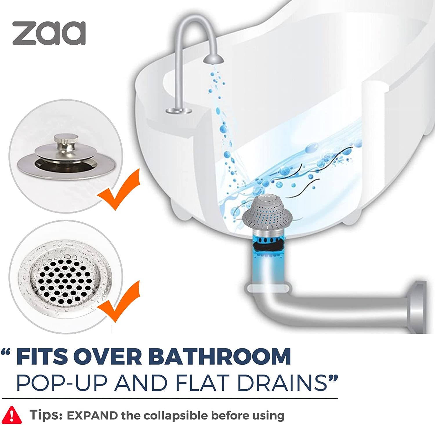 Zaa Bathtub Drain Hair Catcher, 2 Pack Silicone Collapsible Drain Protector for Pop-Up and Regular Drains of Bathtub, Tub, Shower, Bathroom