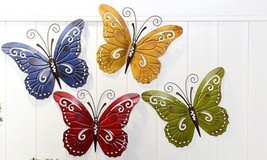 Butterfly Wall Plaques Set of 4 Wrought Iron 17.7" Long Cut Out Wings Multicolor
