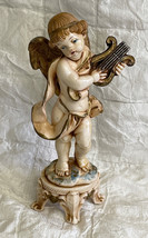 Vintage Fontanini Putti Cherub Playing Harp On Stand Figurine Italy 6&quot; C... - $18.79