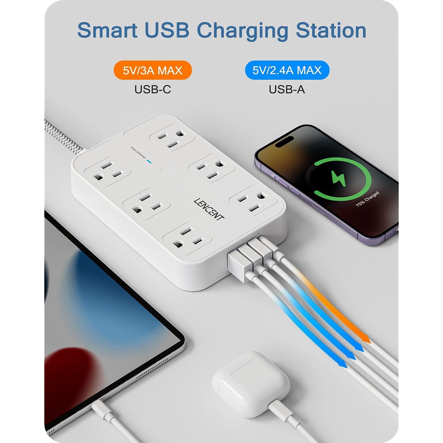 2 Prong Power Strip, 3 To 2 Prong Outlet Adapter, Two Prong Surge Protector, 6Ft Power Strips