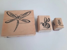 2000 Stampin' Up Wooden Base Block Mounted Red Rubber Stamps Dragonfly/Bee/Ant - $9.39