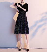 Black Half Sleeve Velvet Midi Dress Womens High Waist Formal Dress Plus Size image 1