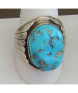 Large and impressive Blue Turquoise Cab Set in Sterling Size 10 3/4 Men&#39;... - $250.00