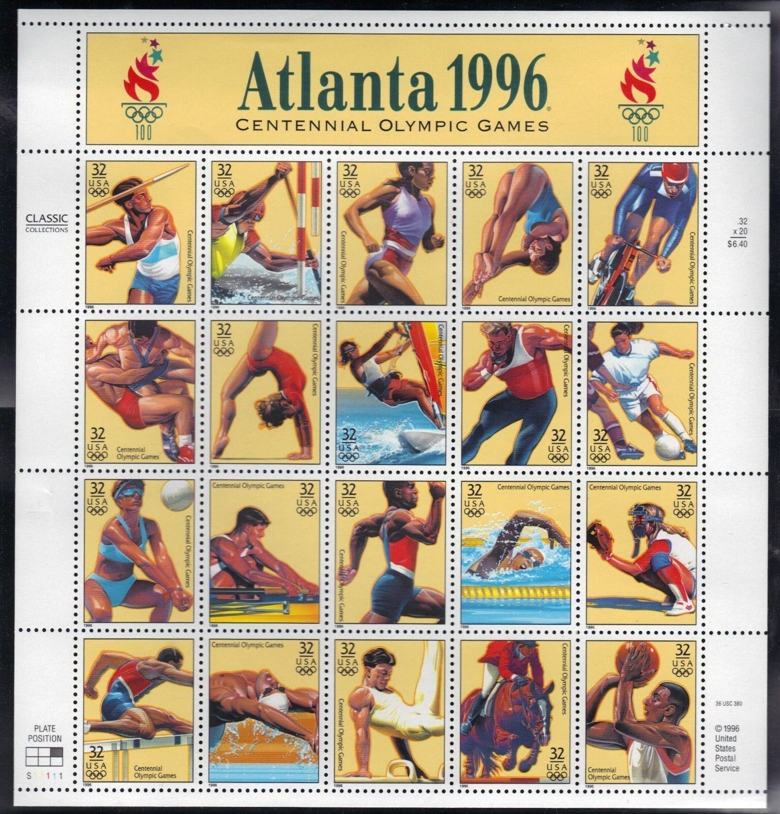 Primary image for 1996 Atlanta Summer Olympics Games Sheet of Twenty 32 Cent Stamps Scott 3068