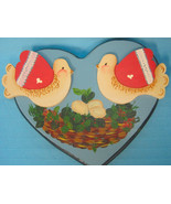 Wooden Wood Doves Birds Scene Handpainted Heart Wall Hanging Picture Blue White - $17.95