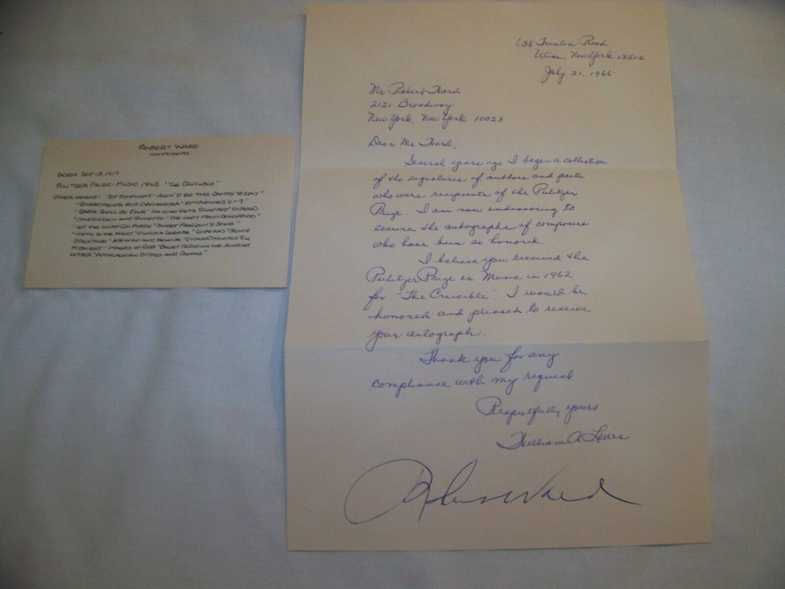 1966 AUTOGRAPH PULITZER PRIZE ROBERT WARD COMPOSER 1962 