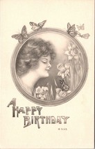 Woman Butterfly Daffodils Flowers Birthday c1920 postcard DQ3 - $9.89