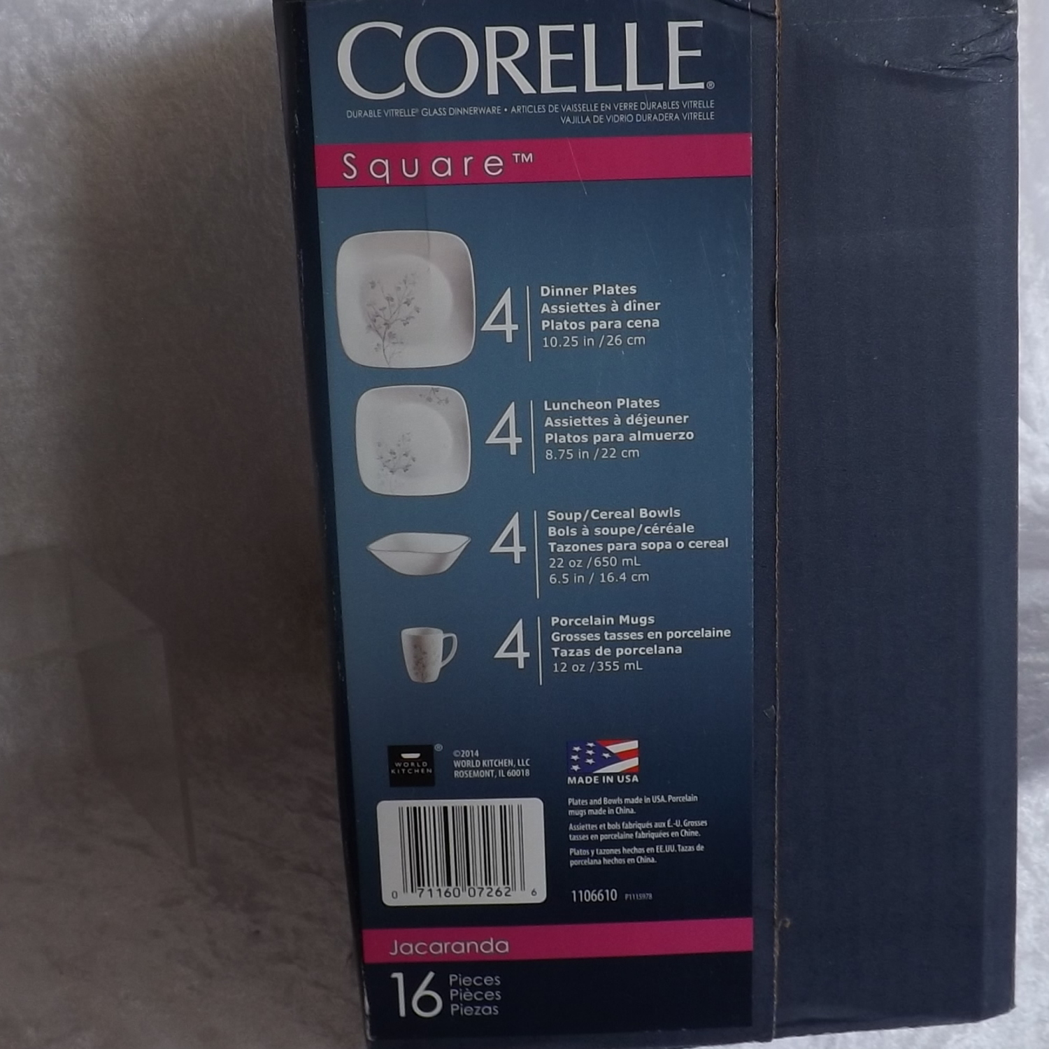 Corelle Jacaranda 16 Piece Square Dinnerware Set, Service for 4 in