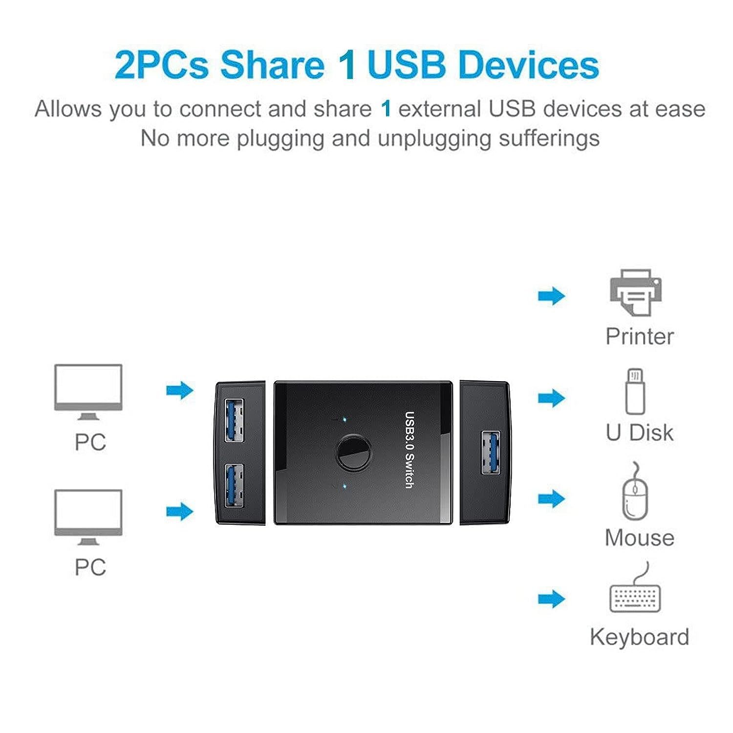 KCEVE USB 3.0 Switch Selector, 2 In 1 Out USB Switcher For 2 Computers  Share 1 USB Devices, Mouse, Keyboard, Scanner, Printer