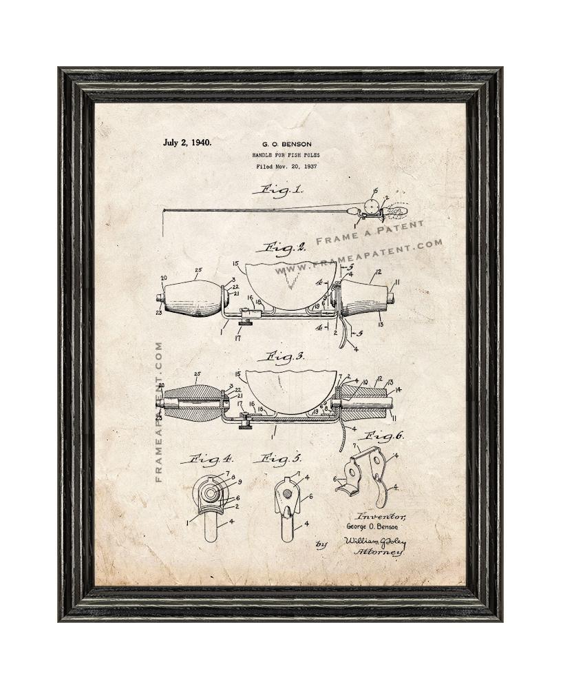 Handle for Fish Poles Patent Print Old Look with Black Wood Frame - $24.95 - $109.95
