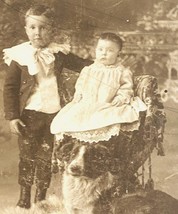 Victorian Black &amp; While Photo Of Young Boy, His Sister &amp; Their Big Dog - $12.50