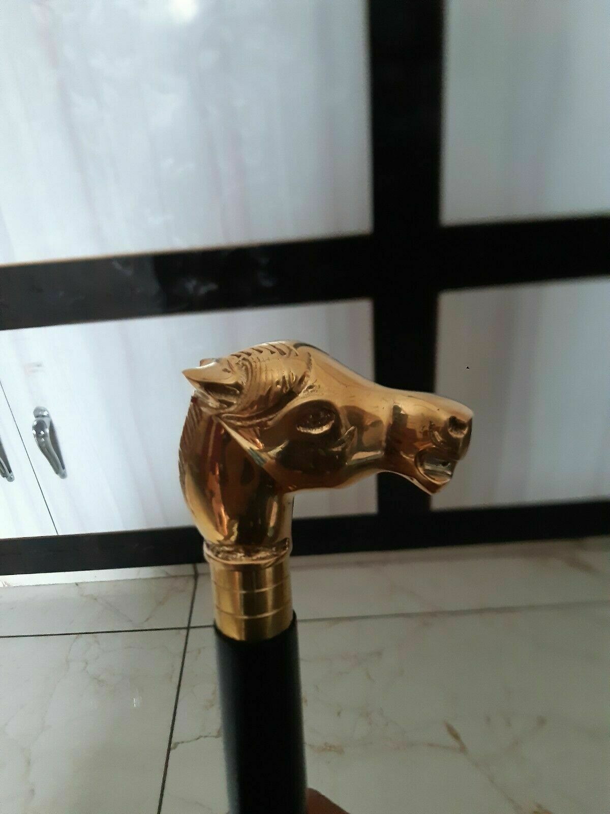 Primary image for Wooden Walking Stick Handmade Brass Handle Victorian Horse Head Vintage 
