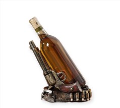 Pistol Gun Design Wine Bottle Holder 7.9" High Brown Resin Country Western Bar