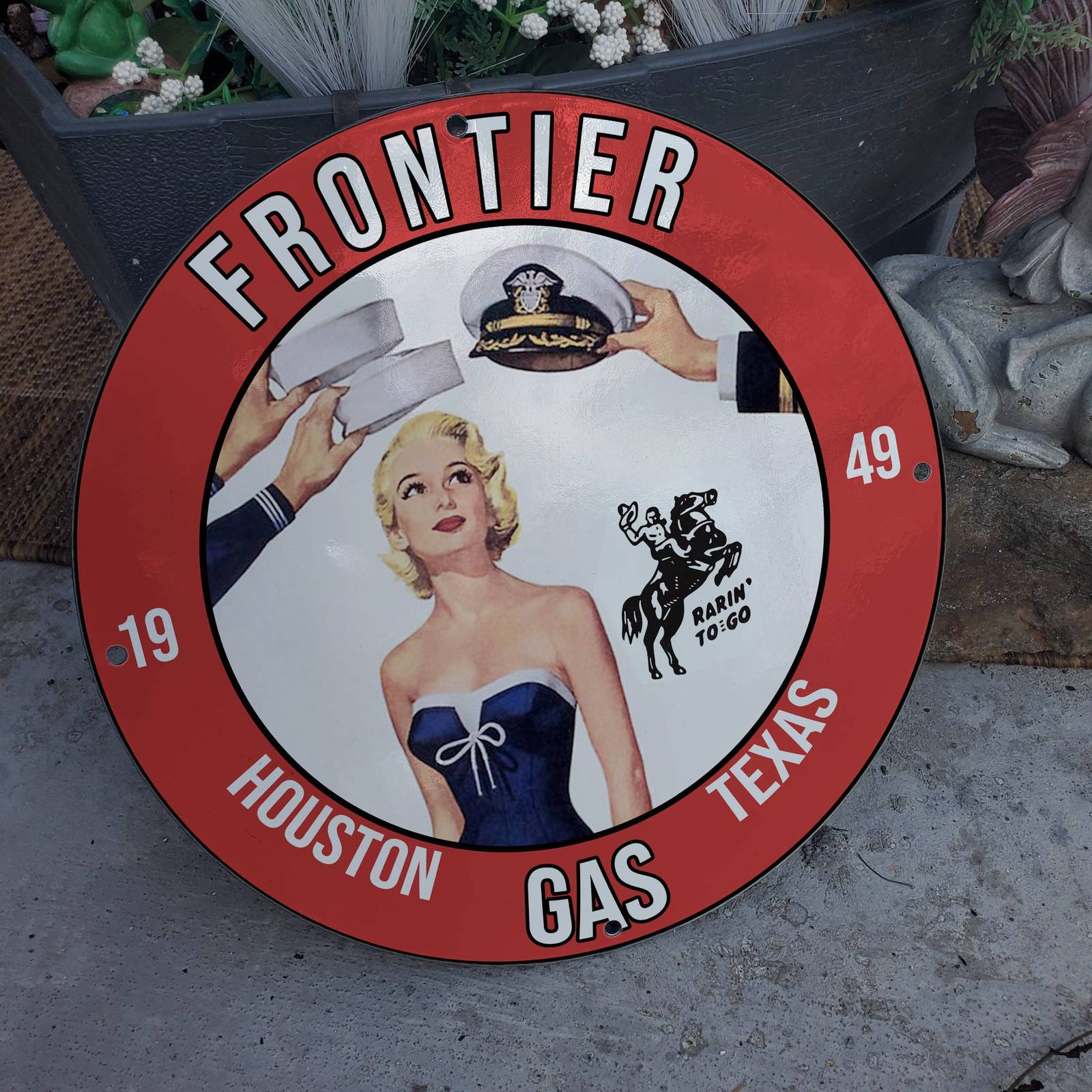 Vintage 1949 Frontier Gas ''Rarin' To Go'' Porcelain Gas & Oil Pump Sign - $125.00