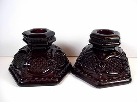 Vintage pair Avon glass ruby Cape Cod candle holders 2.5&quot; tall - $10.22