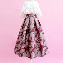 Pink Rose Flower Midi Skirt Plus Size Elegant A-line Pleated Midi Party Skirt