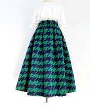 Winter Green Houndstooth Skirt Pleated Midi Party Outfit Women Woolen Skirt Plus