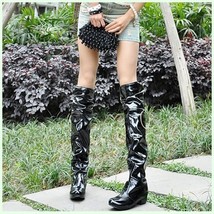 Black Wet Look Patent Leather Zip Up Low Chunk Heel Knee High Motorcycle Boots