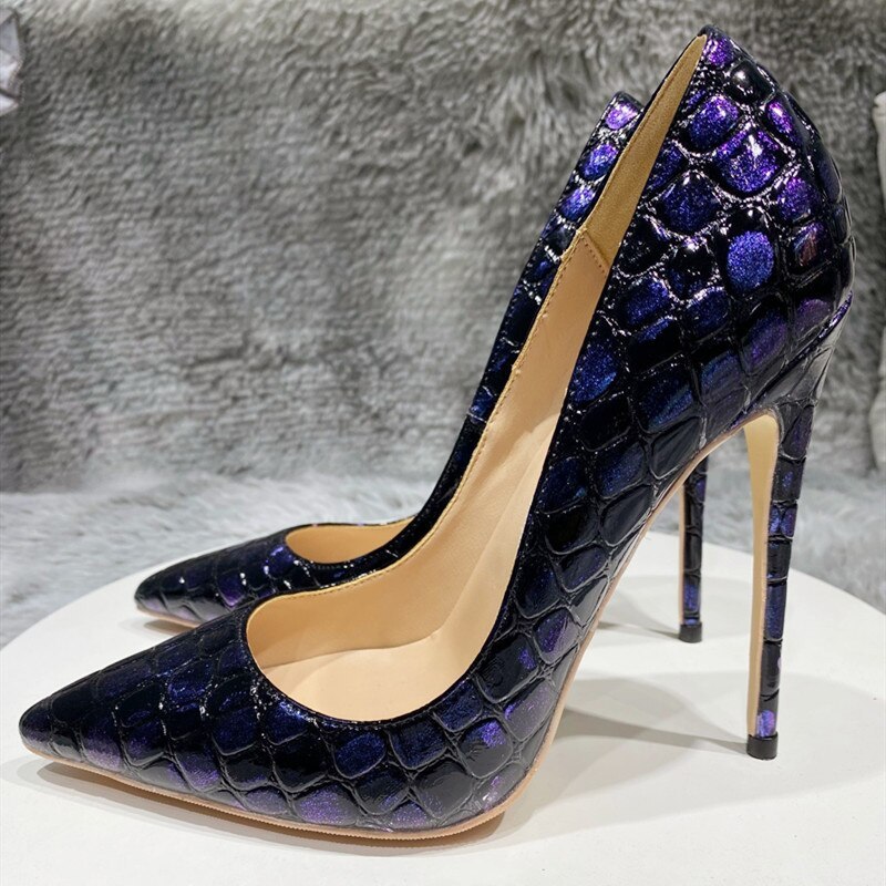 navy blue women croc-effect embossed patern stiletto high heels sexy ladies poin