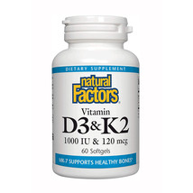 Natural Factors,Vitamin D3 & K2 1000IU & 120 mcg,Bone+Vascular Health,60softgels - $20.97