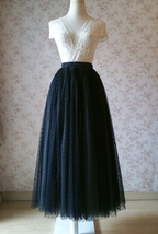 Adult Long Tulle Skirt, Black Gray Polka-dots Tulle Skirt, Evening long skirts