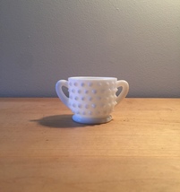 Vintage 70s Milk Glass hobnail style small sugar bowl with 2 handles