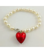 White Cultured PEARLS and Sterling Silver BRACELET with Red Glass Heart ... - $85.00