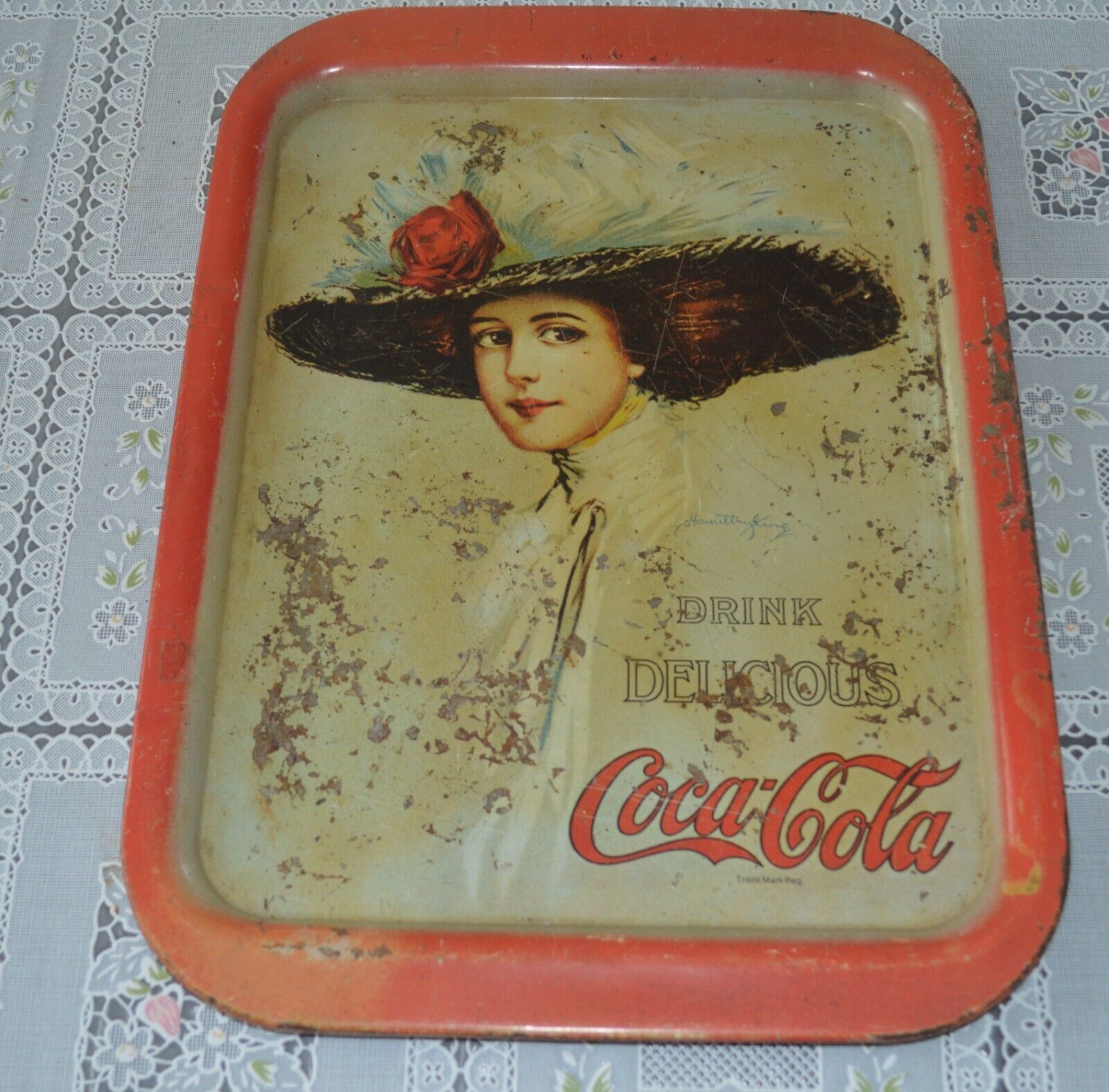 Primary image for Vintage Drink Delicious Coca Cola Tray. Woman w Faether Hat & Red Rose