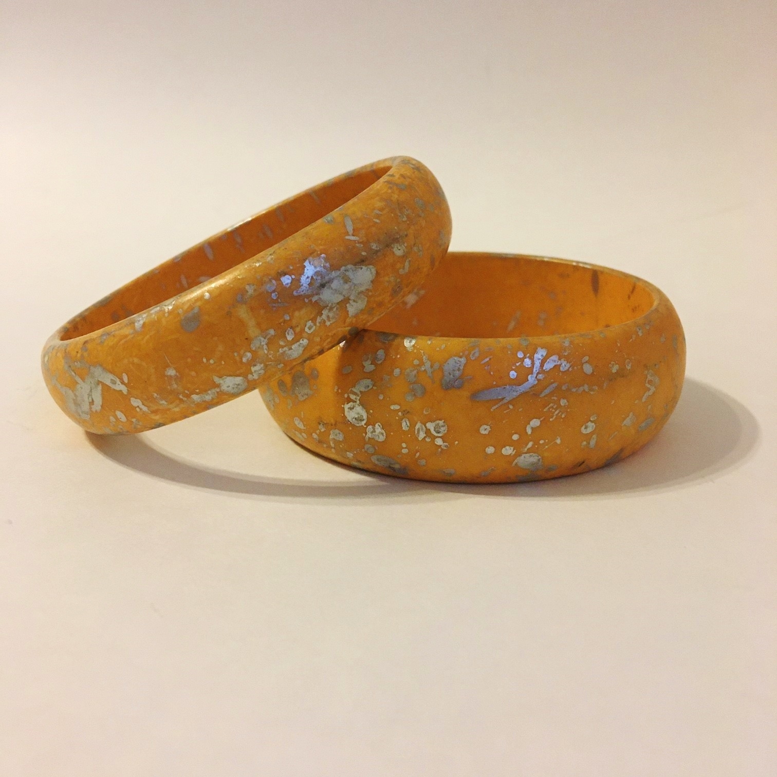 Primary image for Bracelet Pair Orange Silver Splatter Painted Wood Bangle Set of 2 New