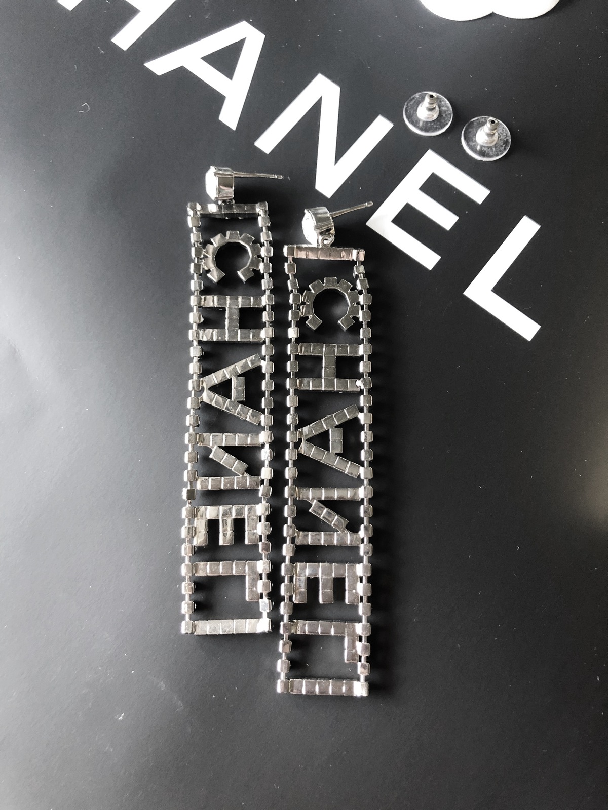 Chanel logo crystal letter dangle drop earrings