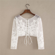 Wedding Long Sleeve Lace Crop Top Women White Floral Crop Lace Shirts Plus Size image 2