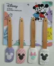 Disney Mickey Minnie Mouse 8" Silicone Spatulas 4 Pack NEW Wooden Handle - $15.99