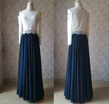Navy Bridesmaid Sets Dress Full Chiffon Skirt Hollow Long Sleeve Crop Lace Top