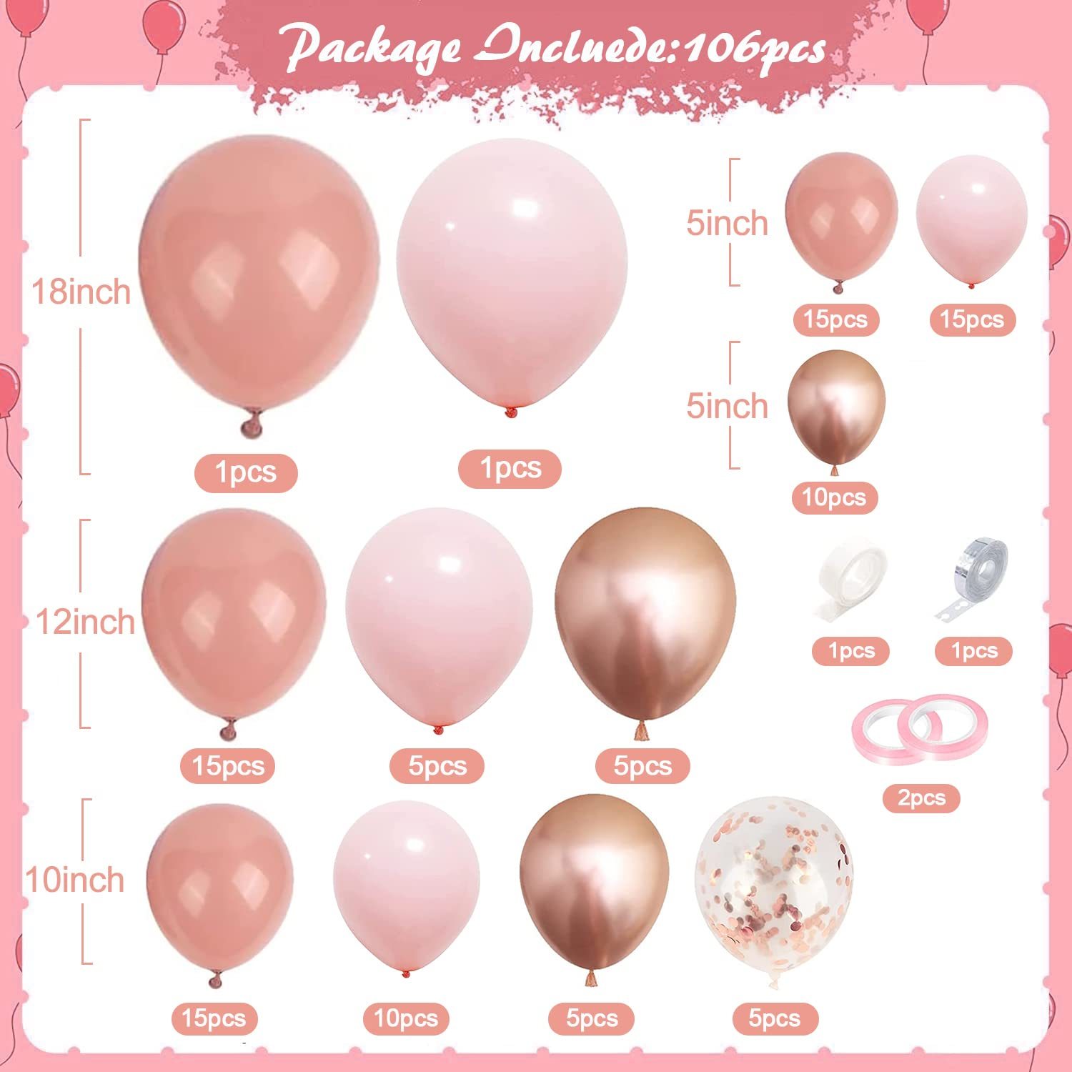 Pink Rose Gold Balloons Garland Arch Kit, Dusty Pink Confetti Rose Gold ...