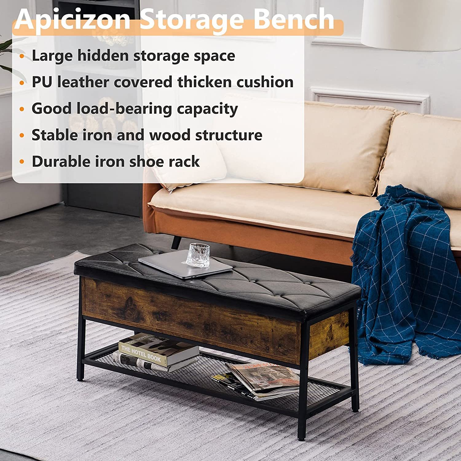 Apicizon 3-Tier Shoe Rack for Entryway with Boots Storage, 39 Inch  Industrial Shoe Organizer with Mesh Shelves Wood Seat, Storage Bench for  Living