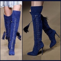 Tall Blue Suede Leather Lace Up Stiletto High Heel Zip Up Over The Knee Boots