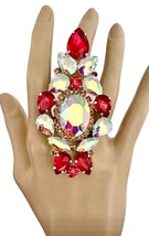 Aurora Borealis &Red Crystasl Adjustable Statement Cocktail Party Stage Ring - $30.40