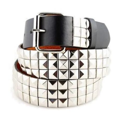 Classic 3 Row Pyramid Studded Leather Belt, 1.5 Removable Buckle