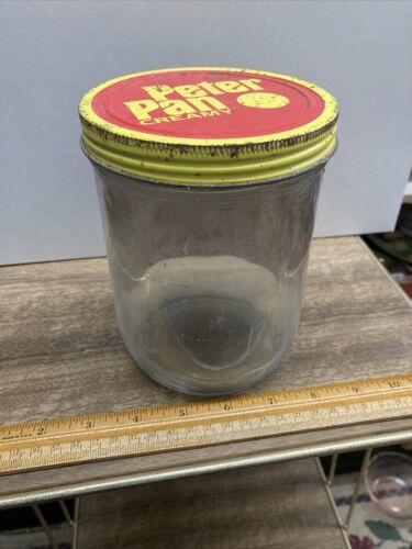 VTG JIF Creamy Peanut Butter Jar , Measuring Cup, Metal Lids Lot Of 2