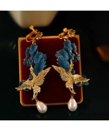 Vintage Chinese Cloisonne Earrings Flower Micro-Set Double Joy Earrings ... - $37.50