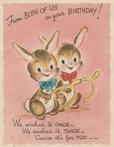 Vintage Birthday Card Bunny Rabbits with Wishbones 1950&#39;s Gibson - $8.90