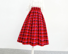 Winter RED Plaid Long Pleated Skirt Women Warm Woolen Full Pleated Holiday Skirt image 5