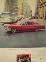 1964 Cadillac Red Hardtop City Scene Print Ad - $9.99